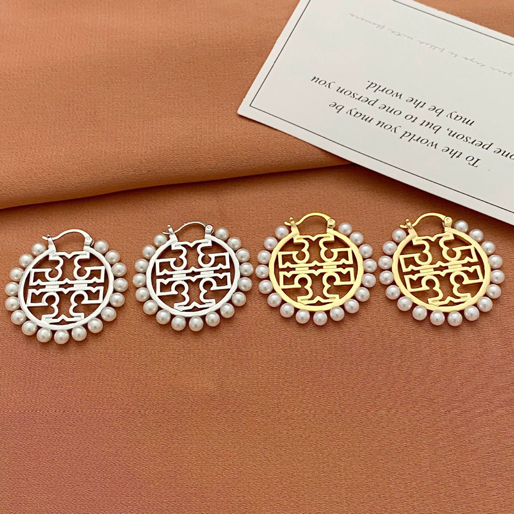Tory Burch Faux Pearl Hollow Letter Round Metal Earrings